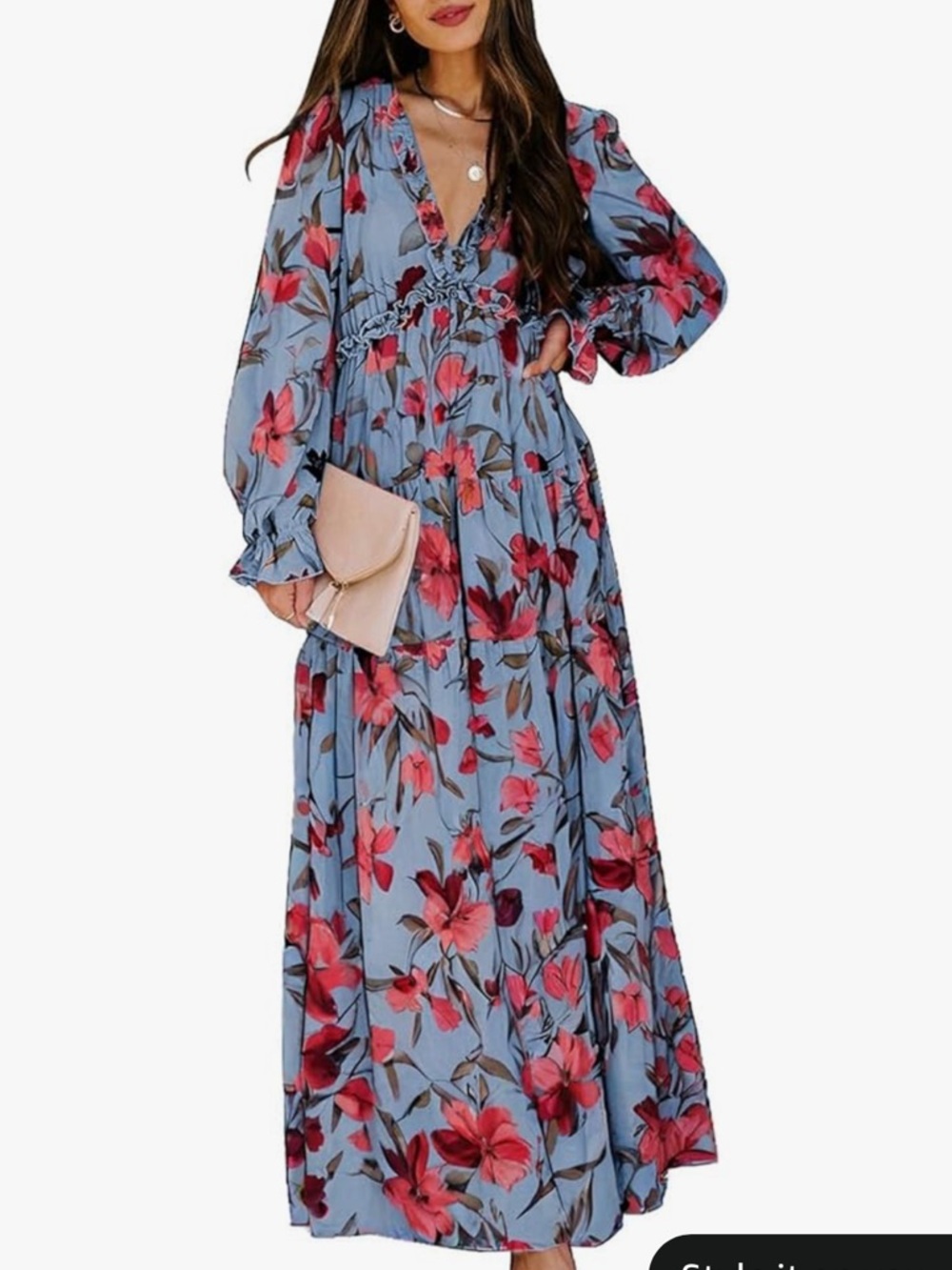 Women's Blue Floral V-Neck Long Sleeve Maxi Dress